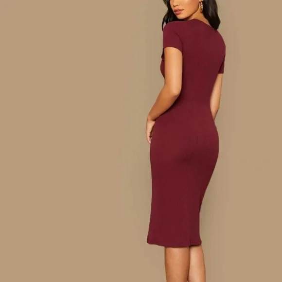 Minimalist Short sleeve bodycon midi dress slit olive green - Picture 5 of 6